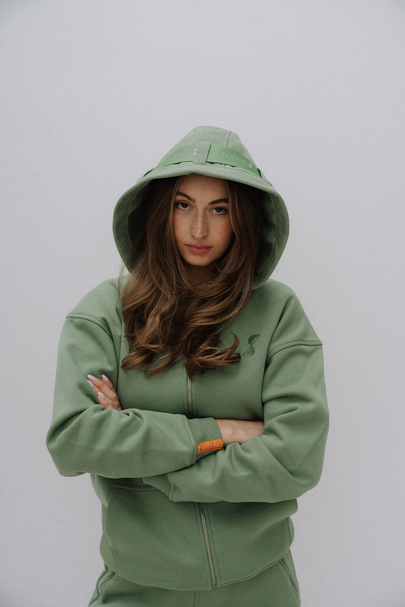 Oversize Zipper Hoodie mit wechselbarem Band an der Kapuze SEIDUSO Soft Grün Damen Frontansicht